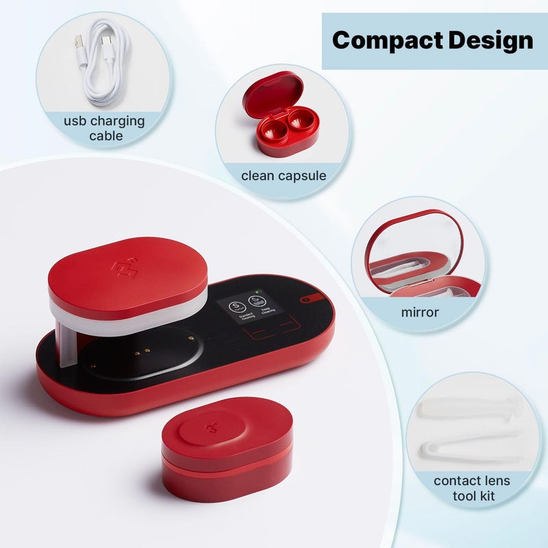3N ReO2 Contact Lens Cleaner, Electrophoresis Technology, with Mirror and Tweezer, Deep Clean Soft Lens, Long-Term and Colored Contact Lens, Non-ultrasonic Cleaner (Red) - Image 5